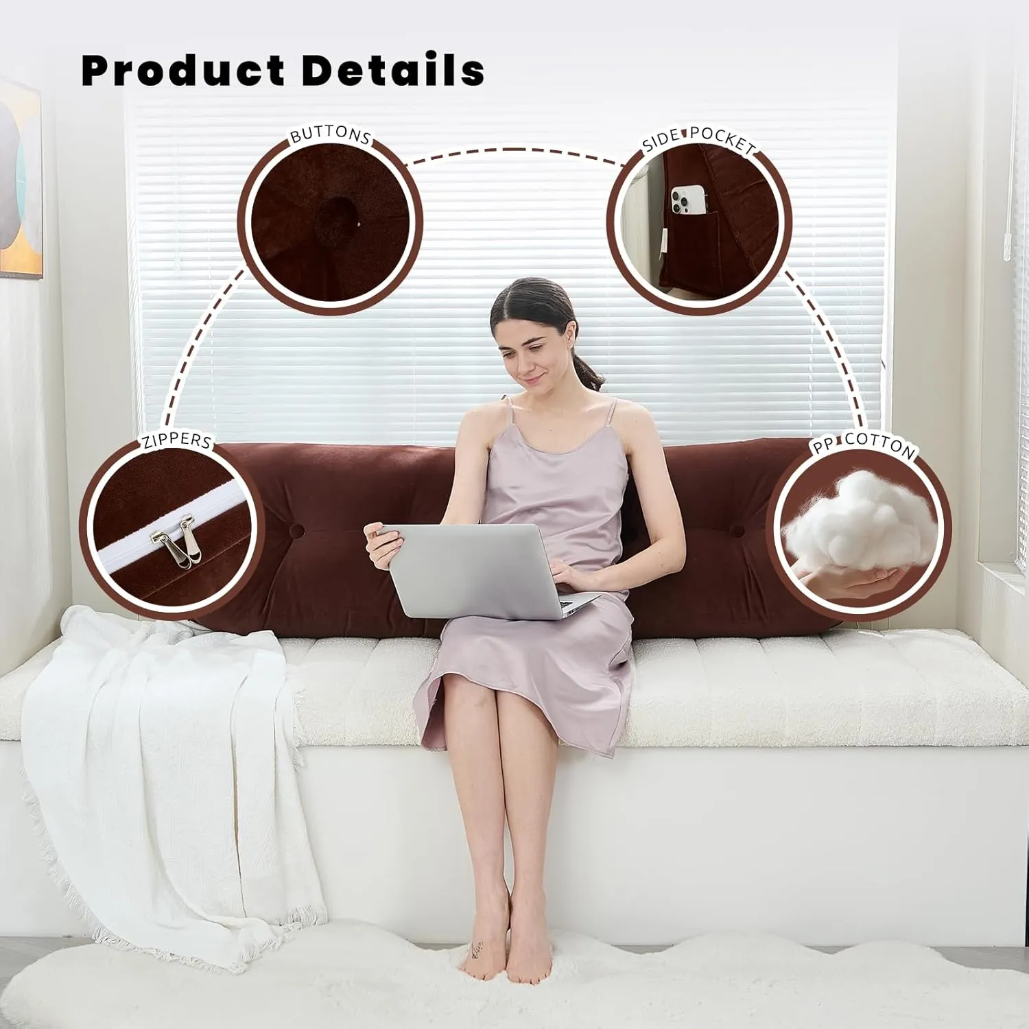 Headboard Pillow for Bed,Triangular Wedge Pillow Headboard Soft Support While Reading and Resting,Bed Bolster Cushion Headboard with Removable Cover,Coffee Brown, King (76"x8"x20")