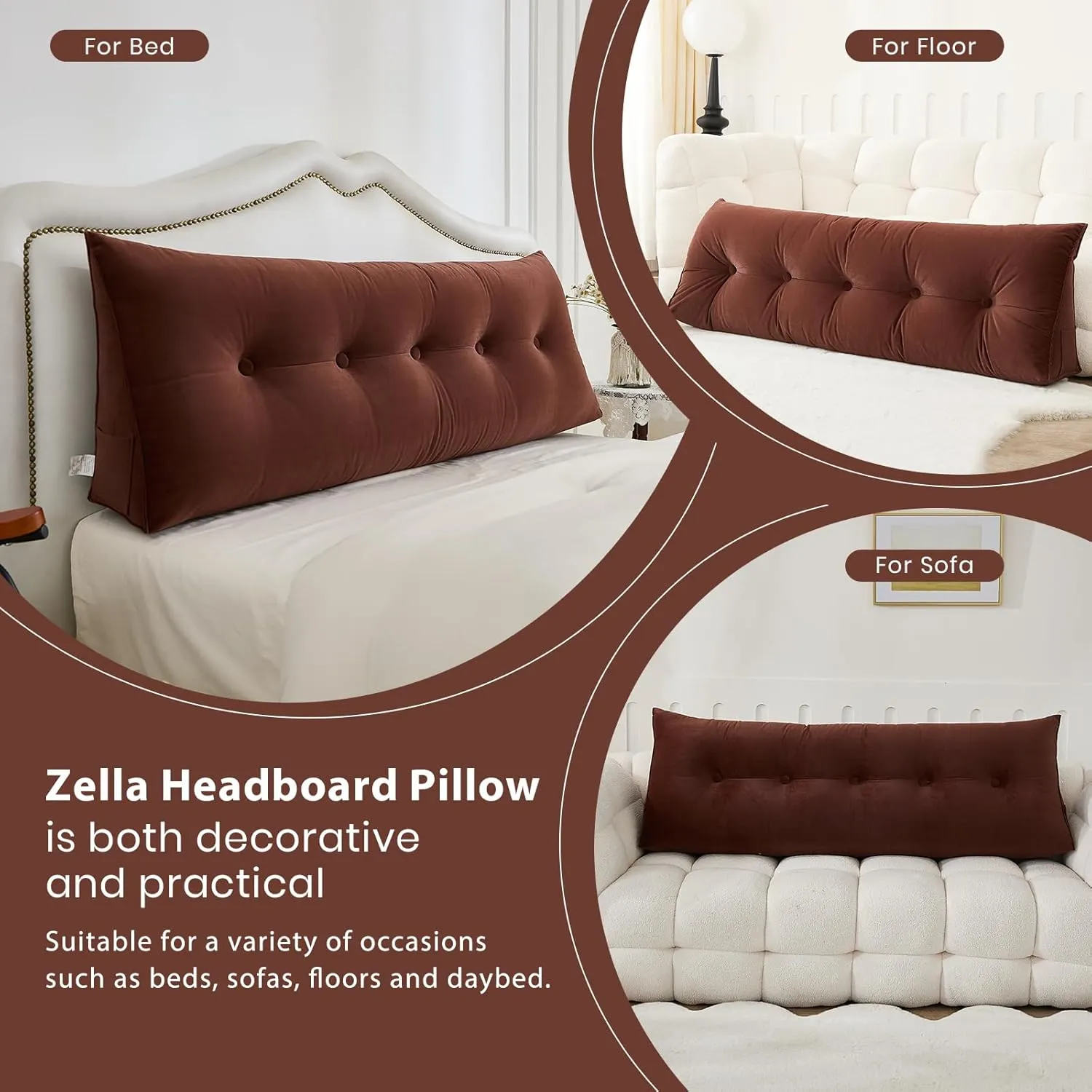 Headboard Pillow for Bed,Triangular Wedge Pillow Headboard Soft Support While Reading and Resting,Bed Bolster Cushion Headboard with Removable Cover,Coffee Brown, King (76"x8"x20")