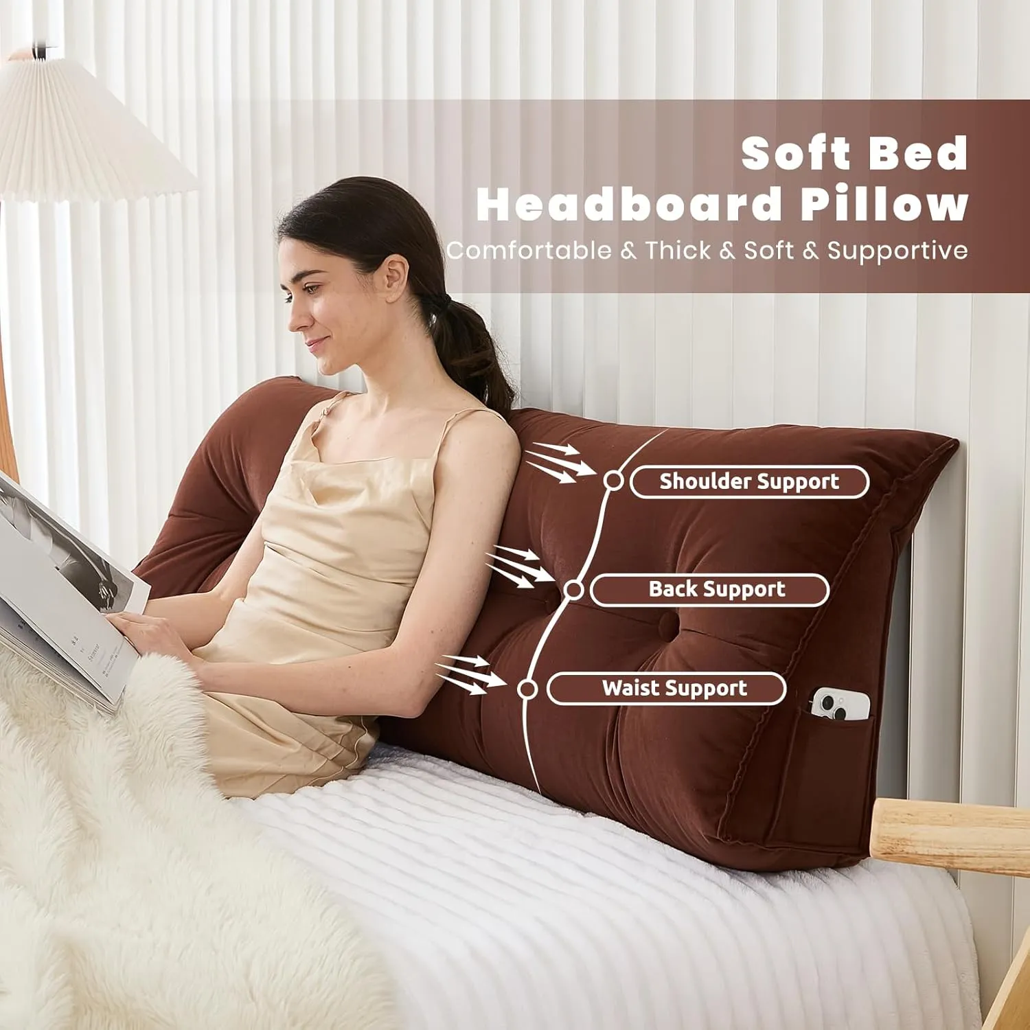 Headboard Pillow for Bed,Triangular Wedge Pillow Headboard Soft Support While Reading and Resting,Bed Bolster Cushion Headboard with Removable Cover,Coffee Brown, King (76"x8"x20")