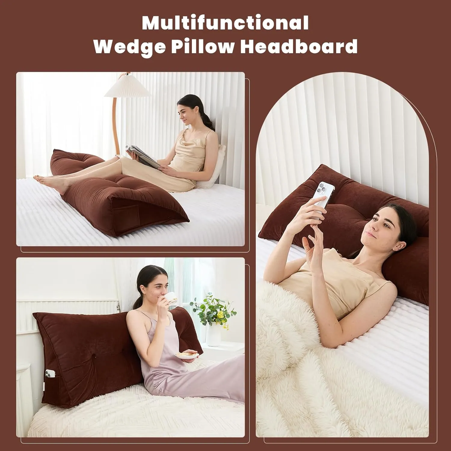 Headboard Pillow for Bed,Triangular Wedge Pillow Headboard Soft Support While Reading and Resting,Bed Bolster Cushion Headboard with Removable Cover,Coffee Brown, King (76"x8"x20")