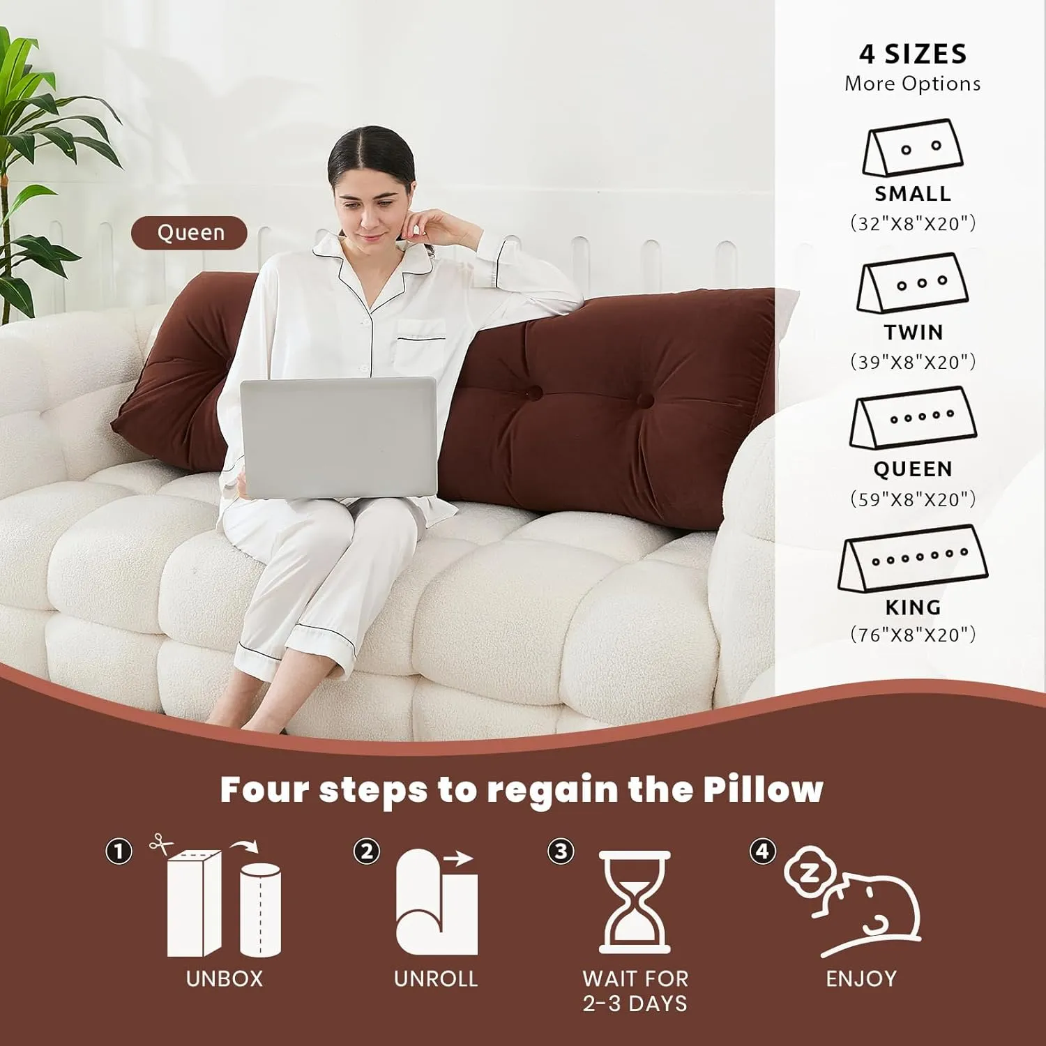 Headboard Pillow for Bed,Triangular Wedge Pillow Headboard Soft Support While Reading and Resting,Bed Bolster Cushion Headboard with Removable Cover,Coffee Brown, King (76"x8"x20")