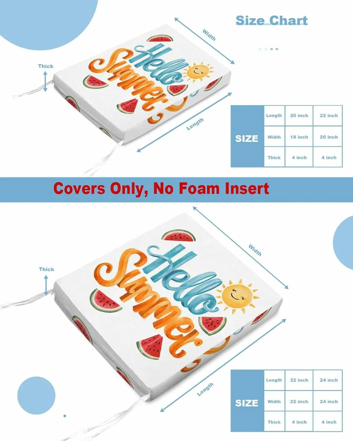 Hello Summer Outdoor Cushion Chair Cover Set of 4 - Waterproof Couch Seat Covers, Watercolor Watermelon Tropical Fruit Patio Furniture Protector Cushions Slipcovers for Sofa/RV, 22"x22"x4"