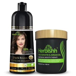 Herbishh Hair Color Shampoo for Gray-500 mL (Dark Brown)   Argan Hair Mask-Deep Conditioning & Hydration For Healthier Looking Hair