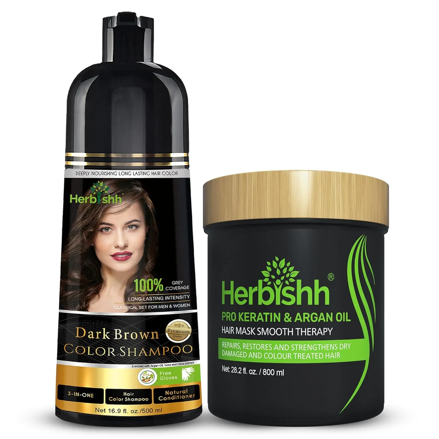 Herbishh Hair Color Shampoo for Gray-500 mL (Dark Brown)   Argan Hair Mask-Deep Conditioning & Hydration For Healthier Looking Hair
