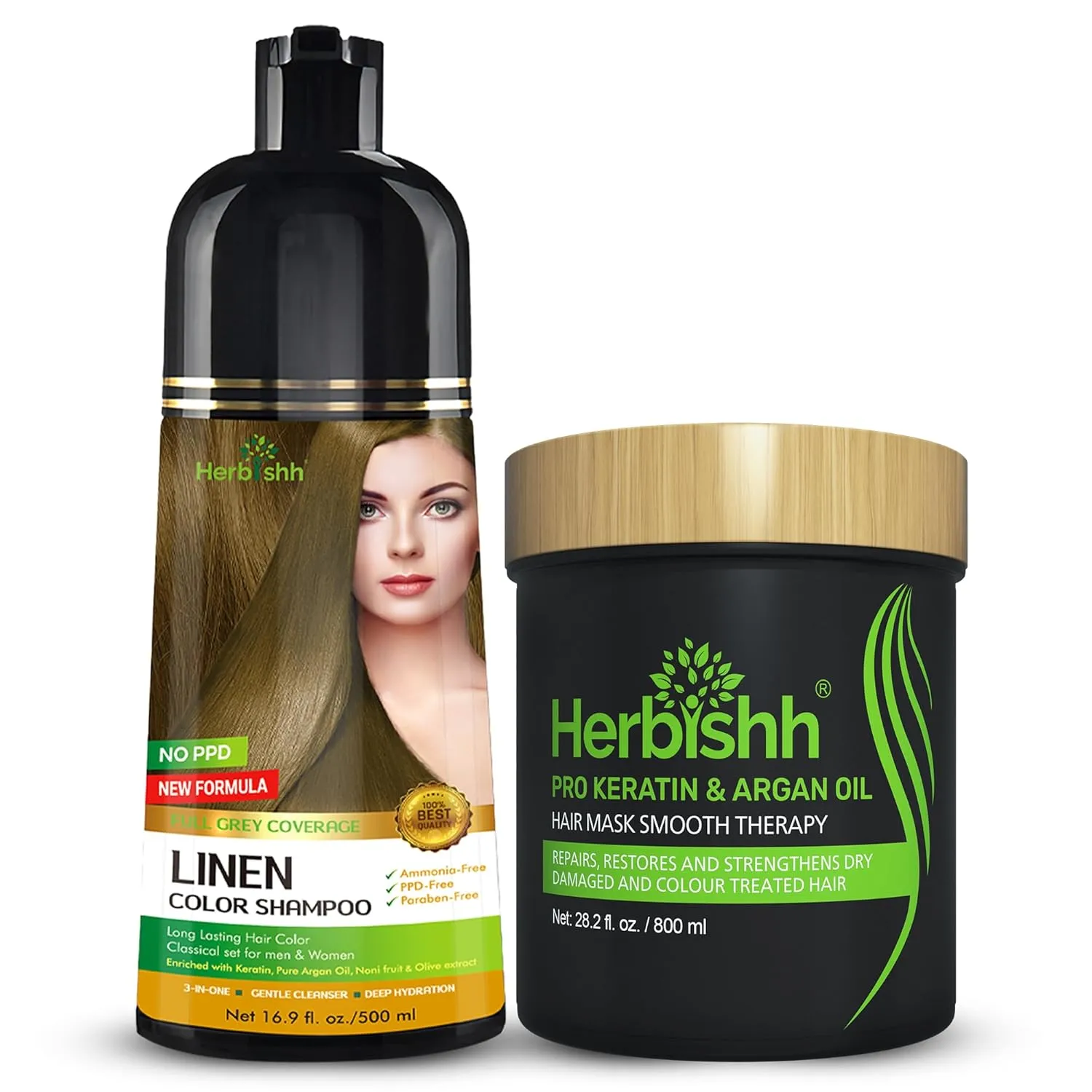 Herbishh Hair Color Shampoo for Gray-500 mL (Linen)   Argan Hair Mask-Deep Conditioning & Hydration For Healthier Looking Hair