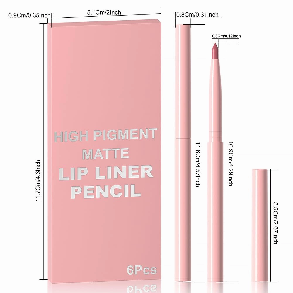 HHLTOH 6Pcs Retractable Lip Liner Pencils Set, Ruby Red Rose Nude Pink Plum Purple Taupe Brown Matte, Long-Lasting Non-Stick Cup Not Fade Waterproof Pigmented Velvet Lipgloss Kit Beauty Cosmetics. 02