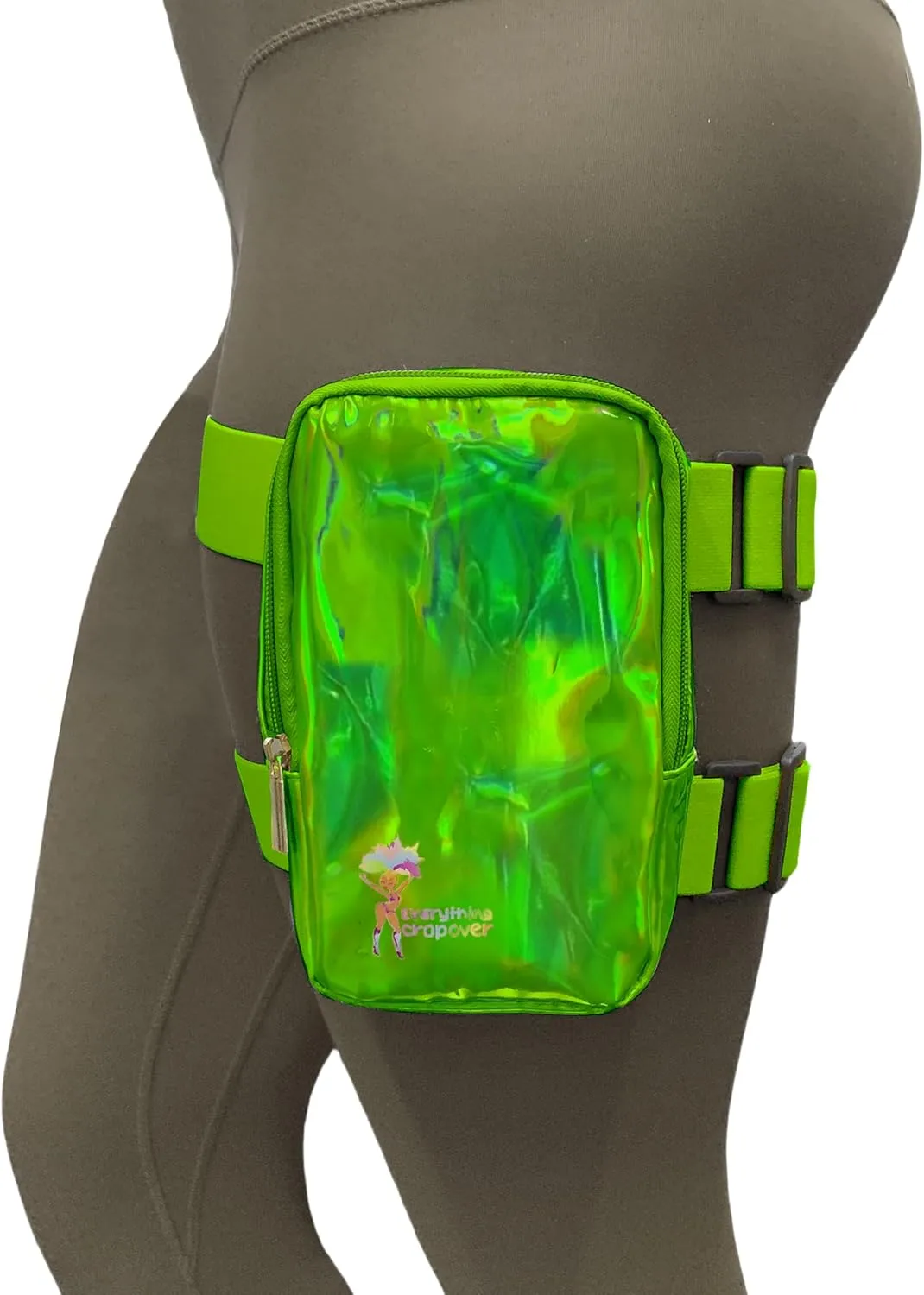 Holographic Thigh Bag | Carnival Leg Harness for Women | Outdoor Waist Pouch | J'ouvert Travel Leg Pack with Adjustable Colored Straps | Green