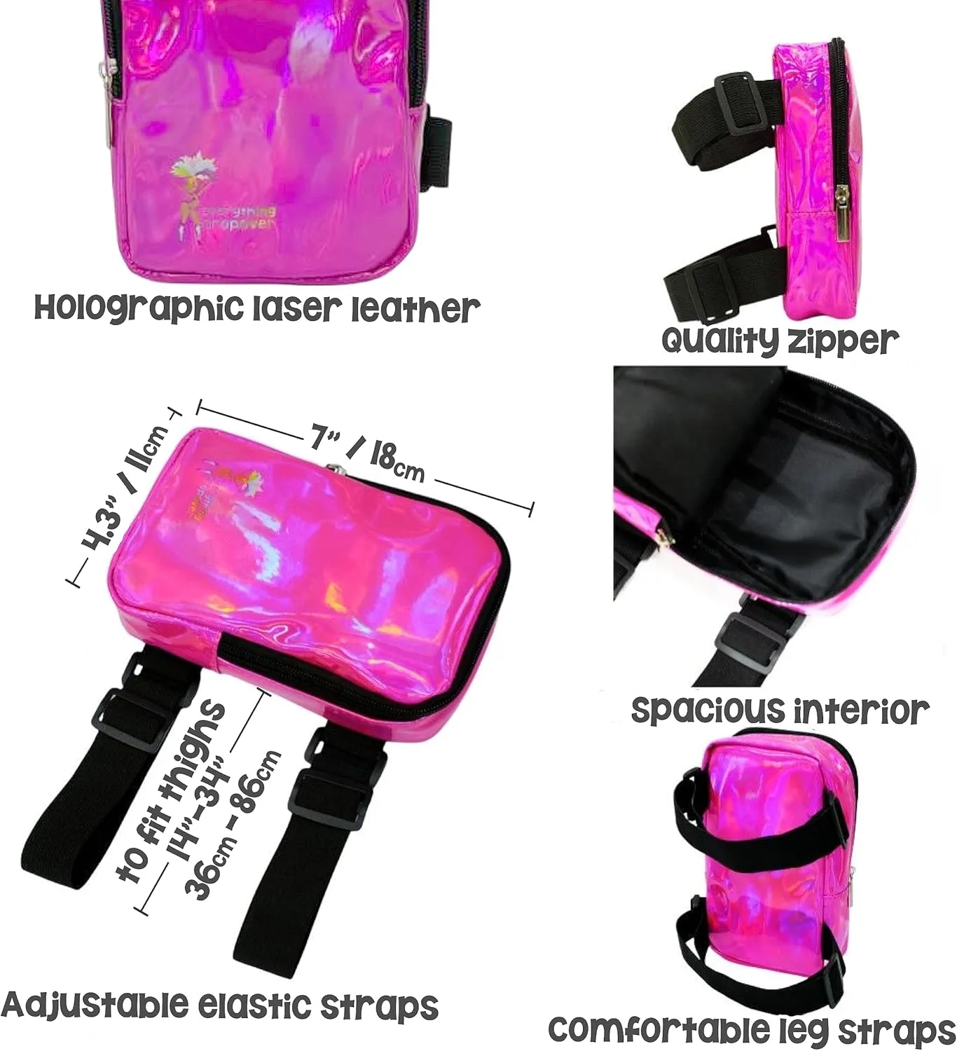 Holographic Thigh Bag | Carnival Leg Harness for Women | Outdoor Waist Pouch | J'ouvert Travel Leg Pack with Adjustable Colored Straps | Pink