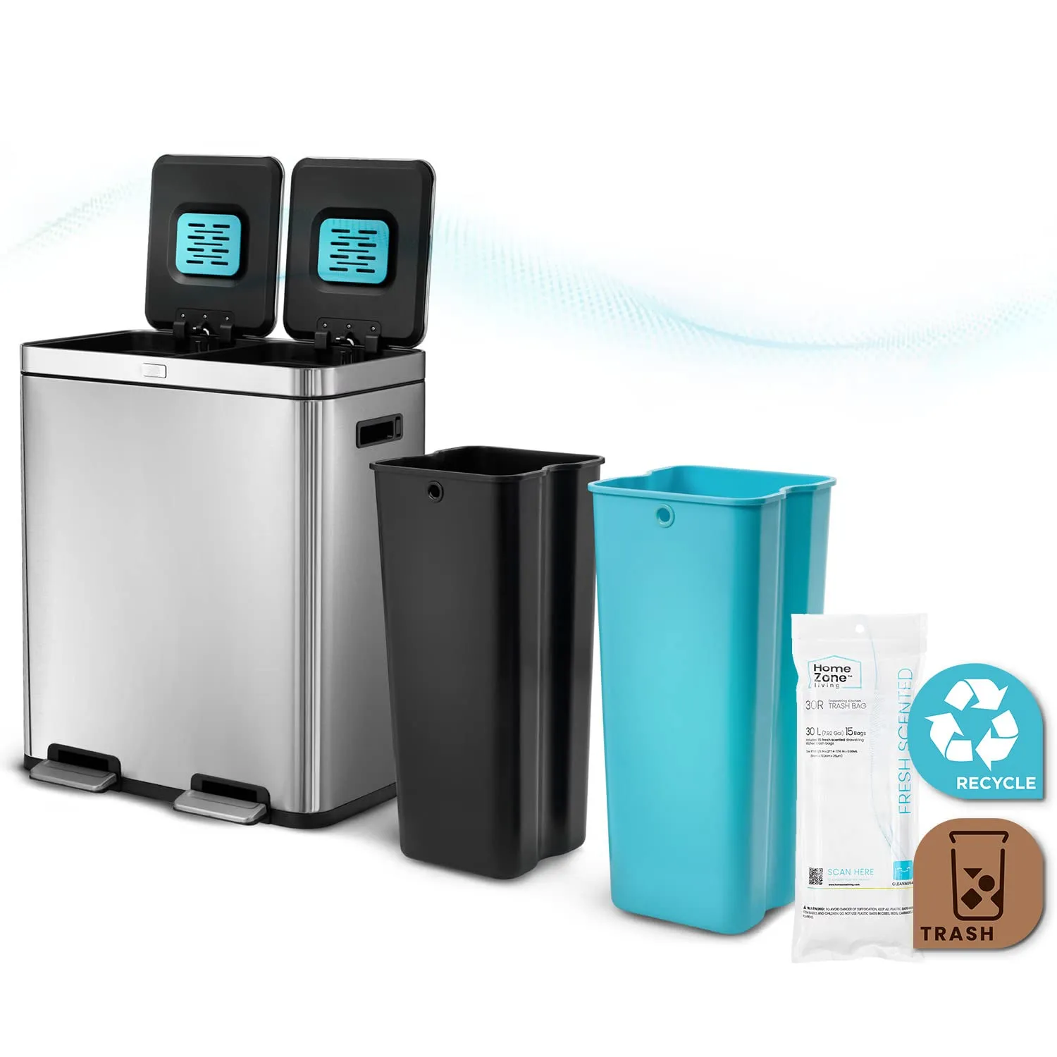 Home Zone Living 15.8 Gallon Kitchen Trash Can, Dual Removable Liners for Recycling and Trash with CleanAura, Wide Stainless Steel Shape (7.9   7.9 for 15.8 Gallon Total)