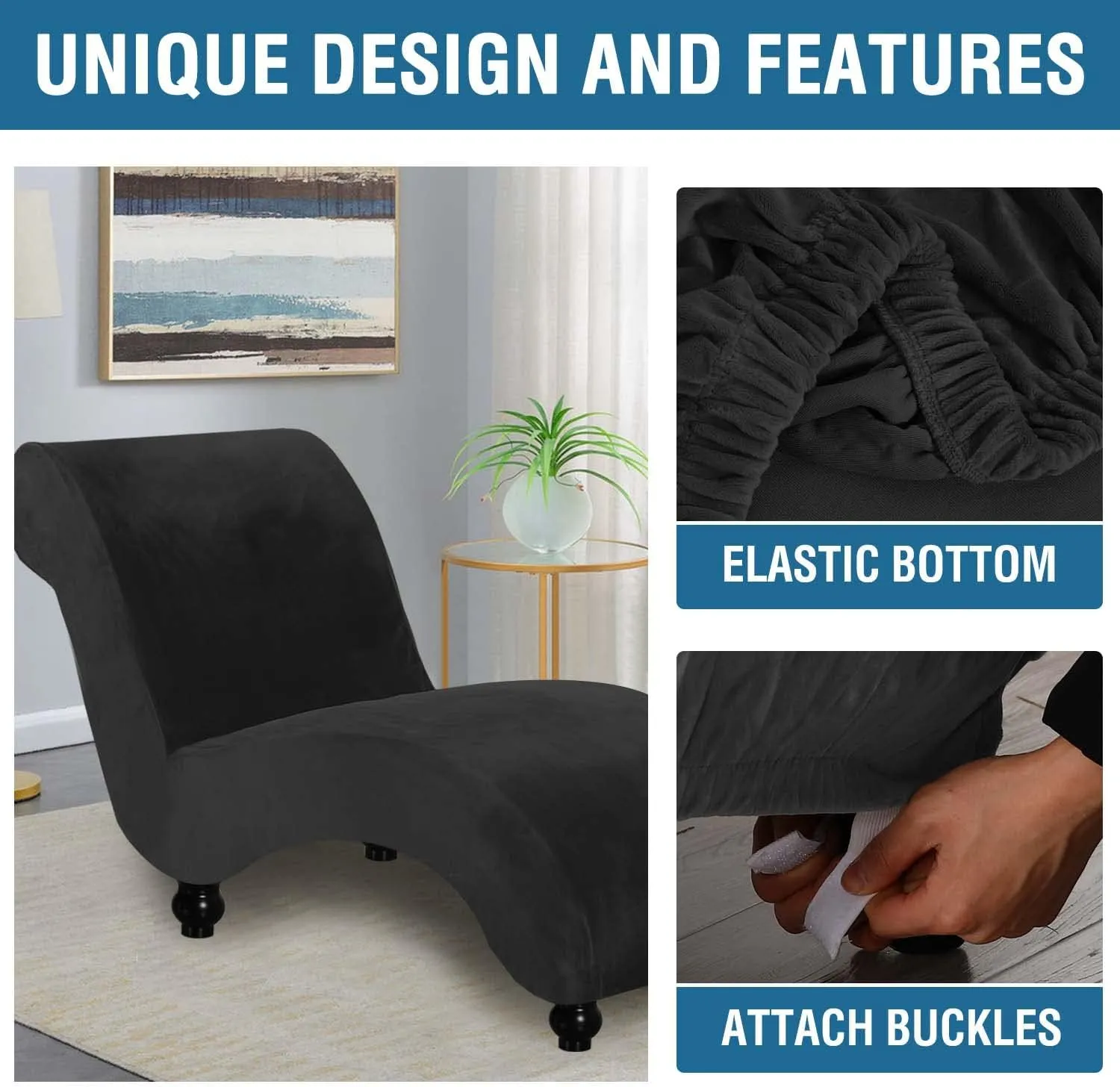 H.VERSAILTEX Chaise Lounge Cover Indoor Velvet Chaise Slipcover High Stretch Lounge Chair Cover Luxury Armless Chaise Cover for Living Room, Machine Washable, Black