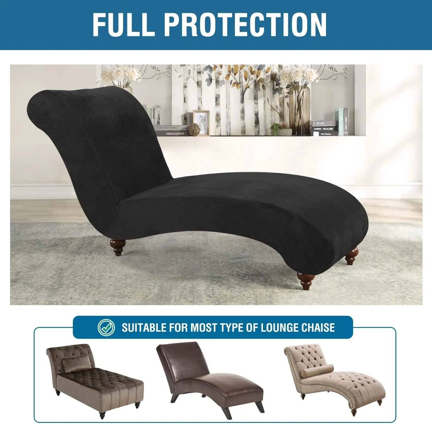H.VERSAILTEX Chaise Lounge Cover Indoor Velvet Chaise Slipcover High Stretch Lounge Chair Cover Luxury Armless Chaise Cover for Living Room, Machine Washable, Black