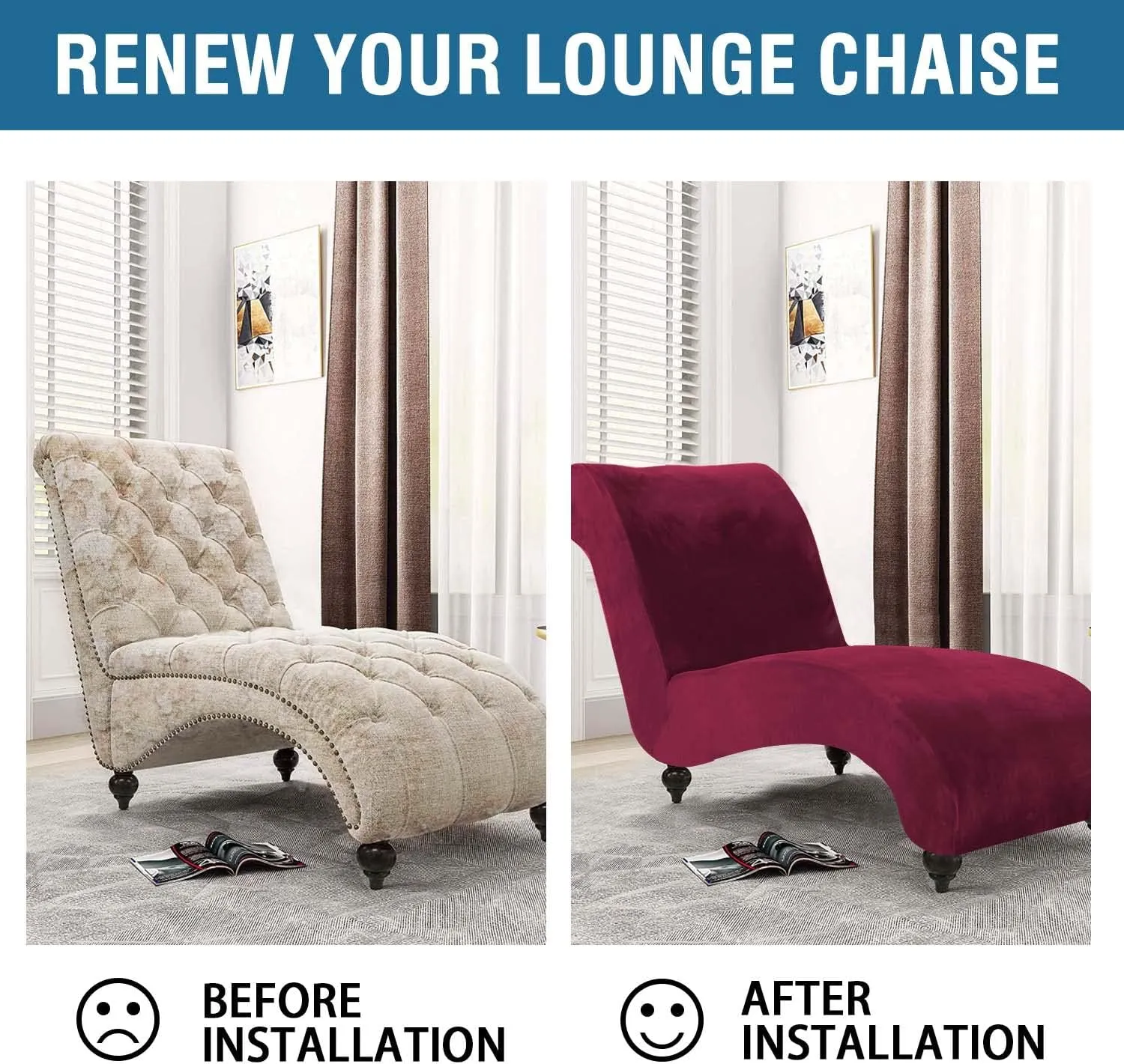 H.VERSAILTEX Chaise Lounge Cover Indoor Velvet Chaise Slipcover High Stretch Lounge Chair Cover Luxury Armless Chaise Cover for Living Room, Machine Washable, Burgundy