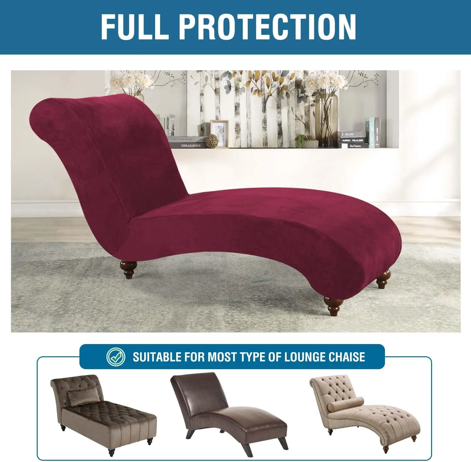 H.VERSAILTEX Chaise Lounge Cover Indoor Velvet Chaise Slipcover High Stretch Lounge Chair Cover Luxury Armless Chaise Cover for Living Room, Machine Washable, Burgundy