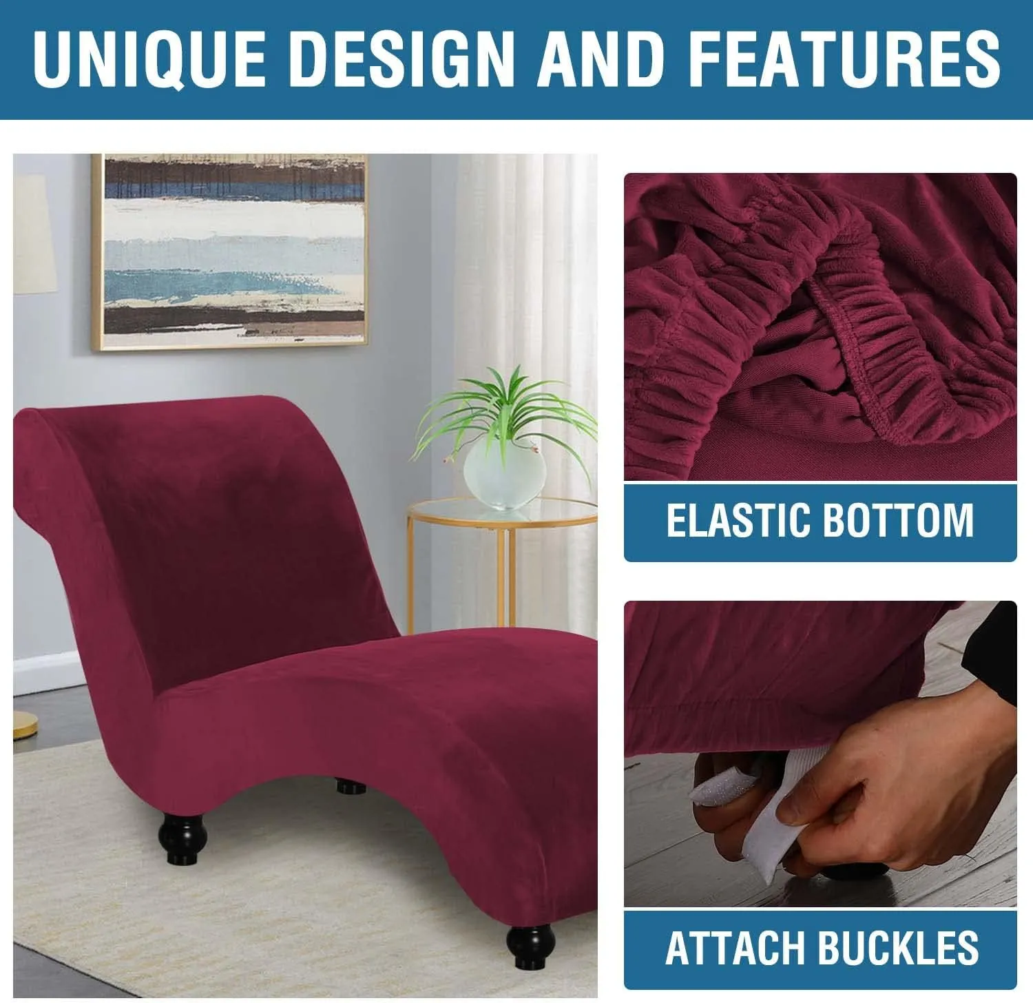 H.VERSAILTEX Chaise Lounge Cover Indoor Velvet Chaise Slipcover High Stretch Lounge Chair Cover Luxury Armless Chaise Cover for Living Room, Machine Washable, Burgundy