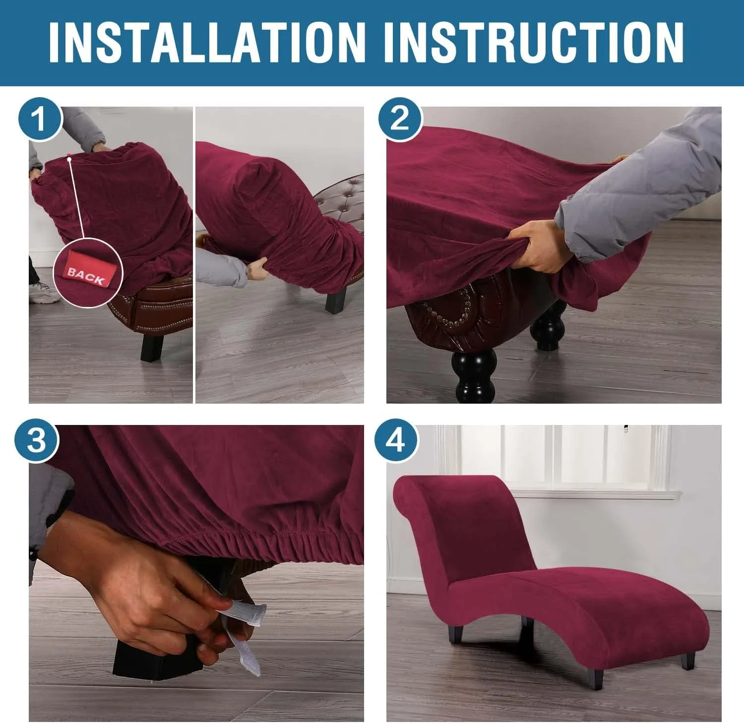 H.VERSAILTEX Chaise Lounge Cover Indoor Velvet Chaise Slipcover High Stretch Lounge Chair Cover Luxury Armless Chaise Cover for Living Room, Machine Washable, Burgundy