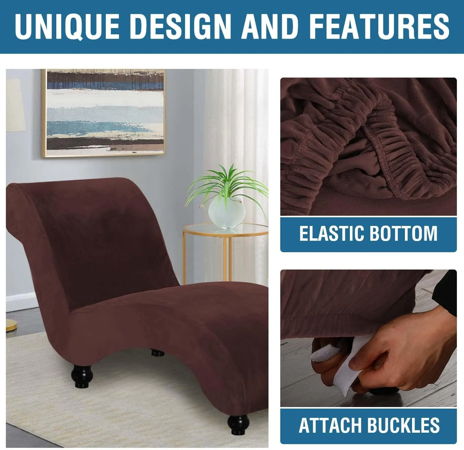 H.VERSAILTEX Chaise Lounge Cover Indoor Velvet Chaise Slipcover High Stretch Lounge Chair Cover Luxury Armless Chaise Cover for Living Room, Machine Washable, Chocolate