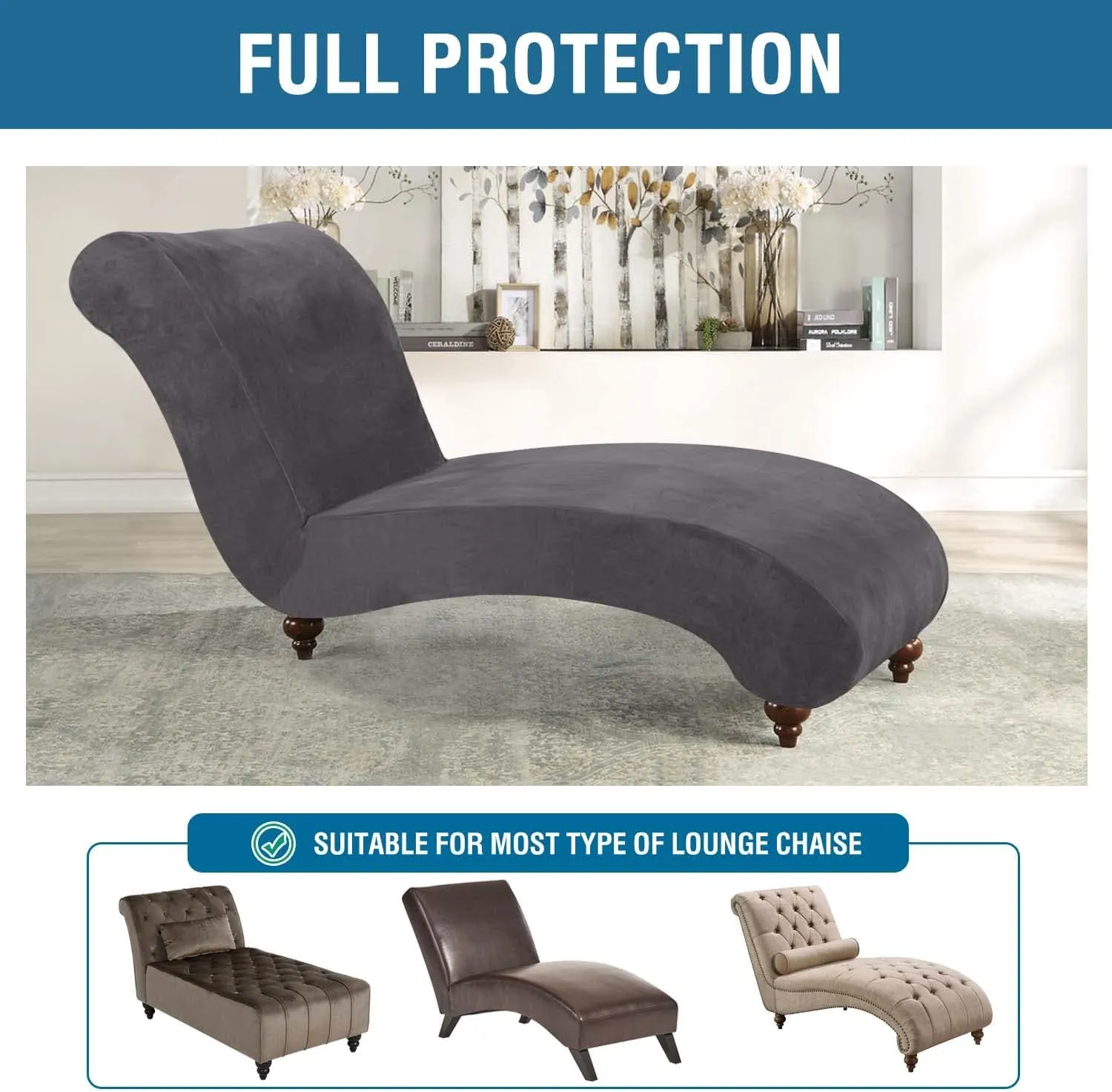 H.VERSAILTEX Chaise Lounge Cover Indoor Velvet Chaise Slipcover High Stretch Lounge Chair Cover Luxury Armless Chaise Cover for Living Room, Machine Washable, Grey
