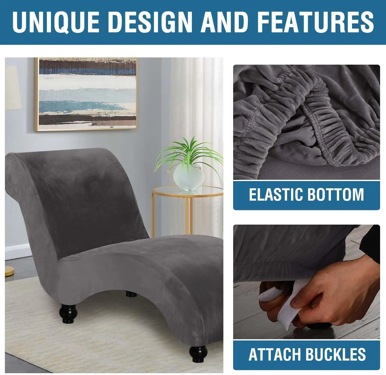 H.VERSAILTEX Chaise Lounge Cover Indoor Velvet Chaise Slipcover High Stretch Lounge Chair Cover Luxury Armless Chaise Cover for Living Room, Machine Washable, Grey
