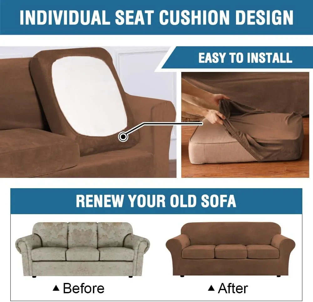H.VERSAILTEX Modern Velvet Plush 4 Piece High Stretch Sofa Slipcover Sofa Cover Furniture Protector Form Fit Luxury Thick Velvet Sofa Cover for 3 Cushion Couch Width Up to 90 Inch (Sofa, Caramel)