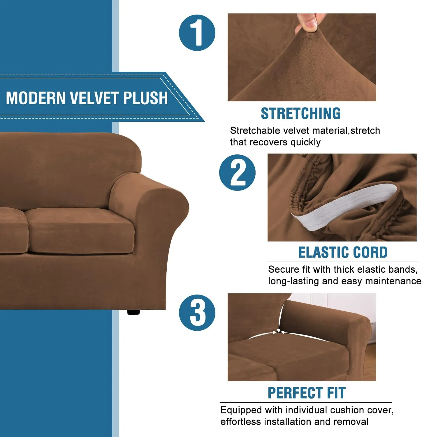 H.VERSAILTEX Modern Velvet Plush 4 Piece High Stretch Sofa Slipcover Sofa Cover Furniture Protector Form Fit Luxury Thick Velvet Sofa Cover for 3 Cushion Couch Width Up to 90 Inch (Sofa, Caramel)