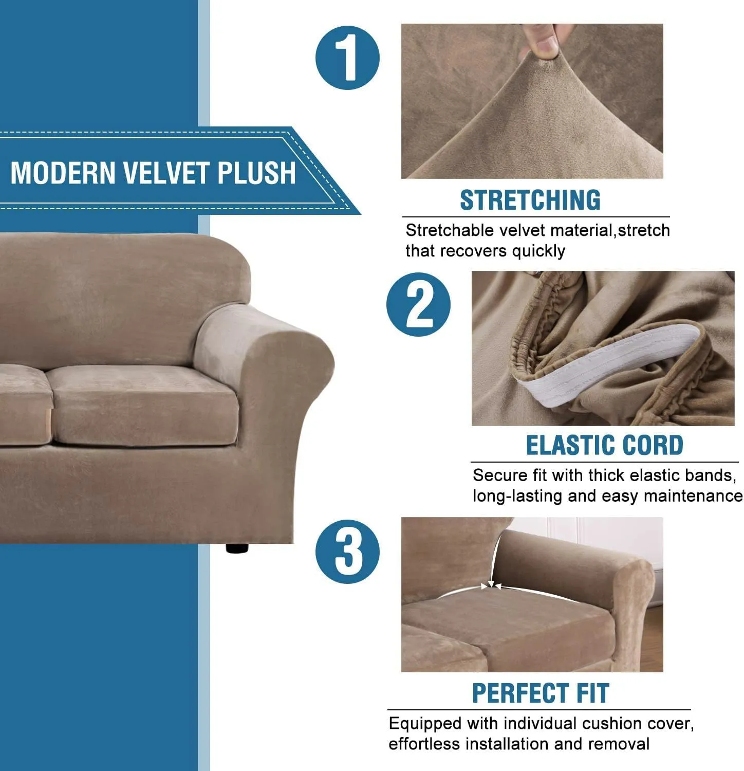 H.VERSAILTEX Modern Velvet Plush 4 Piece High Stretch Sofa Slipcover Strap Sofa Cover Furniture Protector Form Fit Luxury Thick Velvet Sofa Cover for 3 Cushion Couch Width Up to 90 Inch (Sofa, Camel)