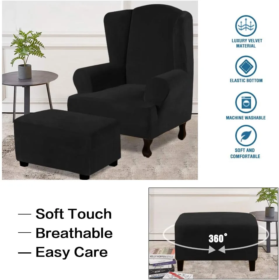 H.VERSAILTEX Real Velvet Plush 1 Piece Form Fit Stretch Rectangle Folding Storage Covers Ottoman Slipcovers Removable Footstool Protect Footrest Covers Elastic Bottom, Machine Washable(X-Large, Black)