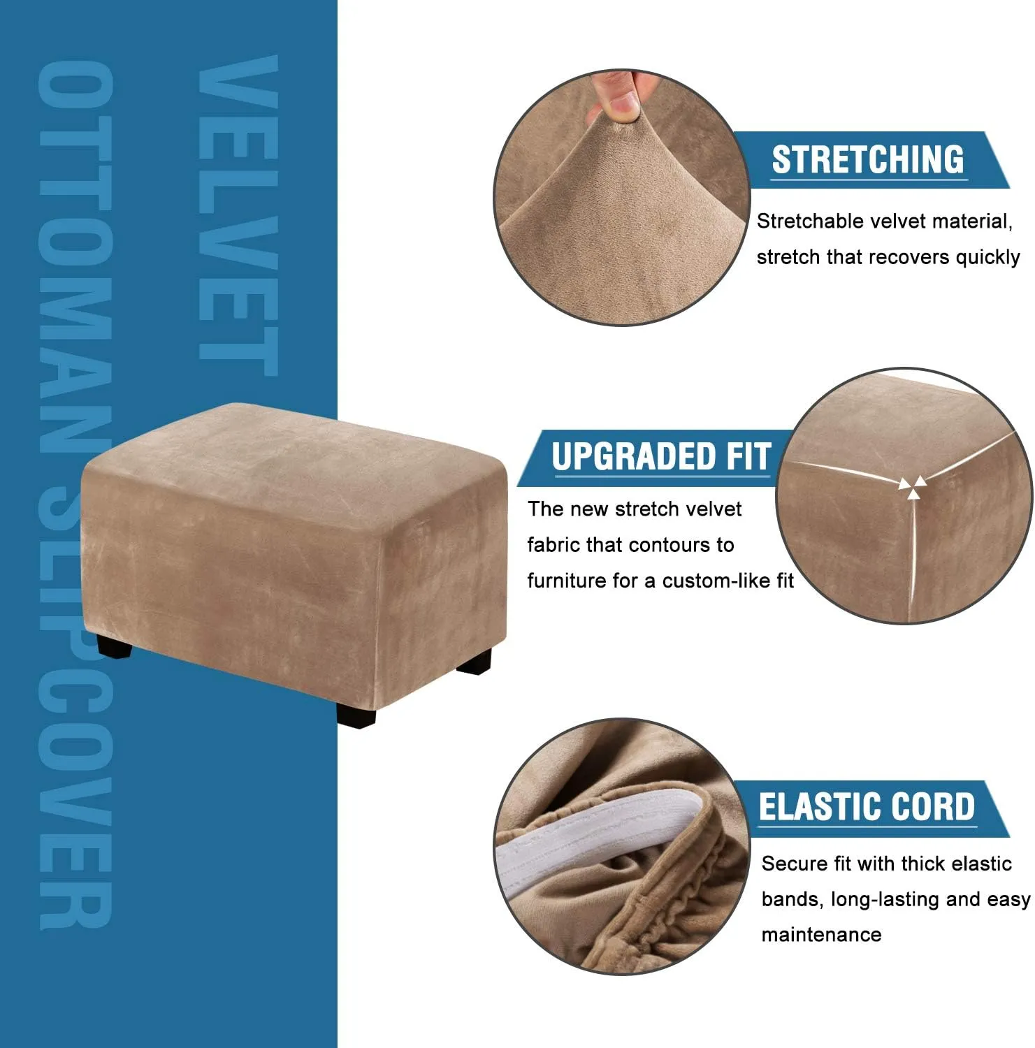 H.VERSAILTEX Real Velvet Plush 1 Piece Form Fit Stretch Rectangle Folding Storage Covers Ottoman Slipcovers Removable Footstool Protect Footrest Covers Elastic Bottom, Machine Washable(X-Large, Camel)