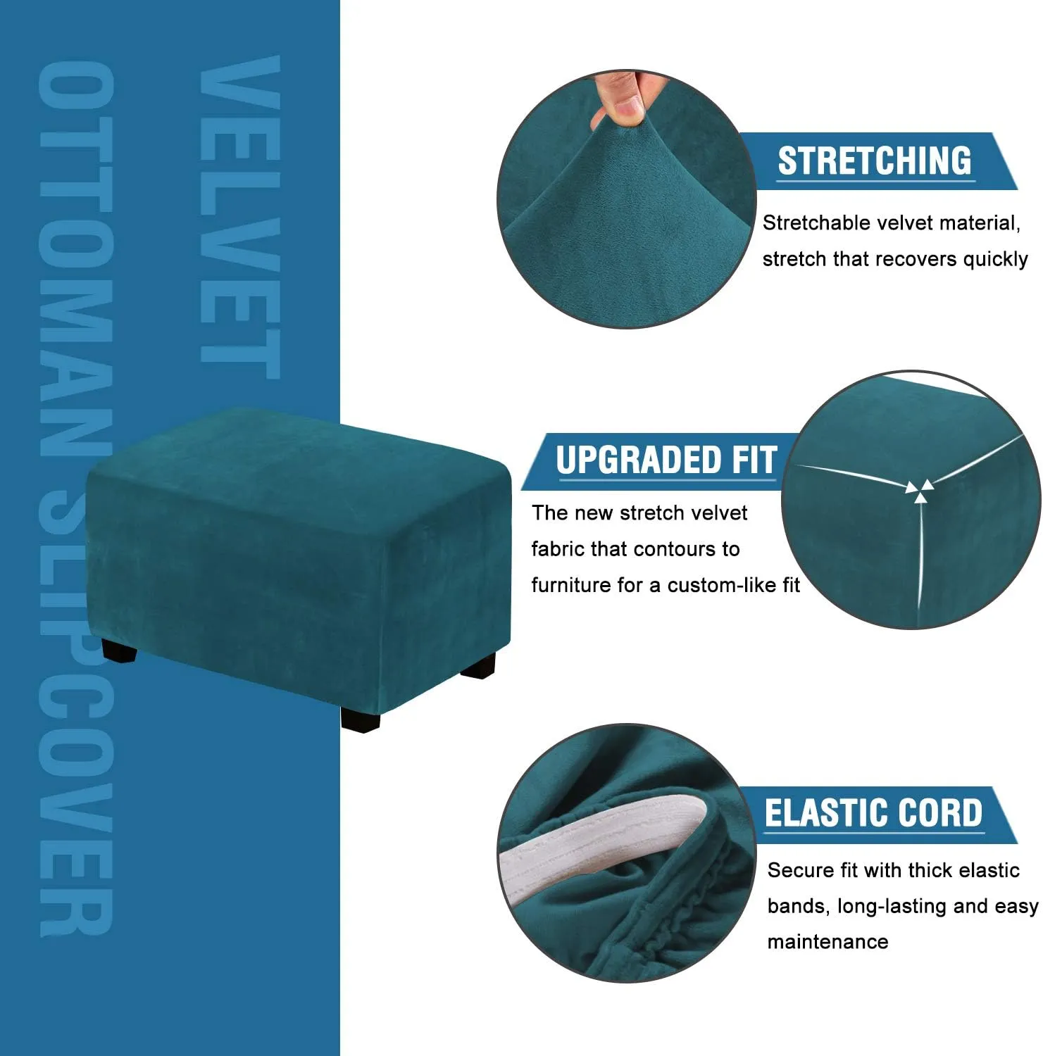 H.VERSAILTEX Real Velvet Plush 1 Piece Form Fit Stretch Rectangle Folding Storage Covers Ottoman Slipcovers Removable Footstool Protect Footrest Covers Elastic Bottom Washable(X-Large, Deep Teal)