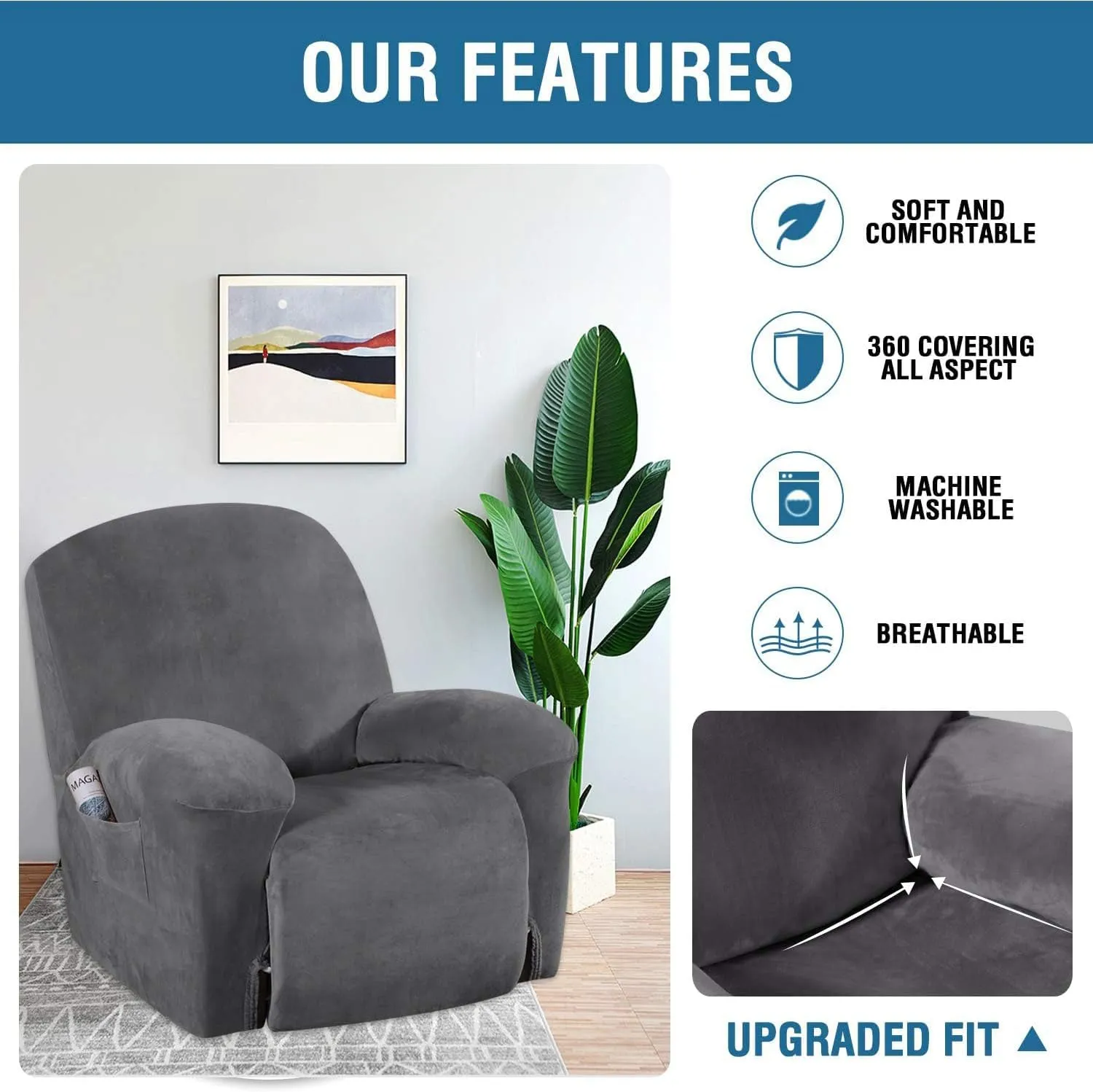H.VERSAILTEX Velvet Plush Recliner Chair Covers 1-Piece for Reclining Chair, Recliner Cover Feature Thick Luxury and Soft Fabric with Elastic Bottom, Anti-Slip Foams Attached (Grey)