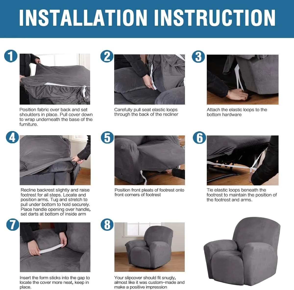 H.VERSAILTEX Velvet Plush Recliner Chair Covers 1-Piece for Reclining Chair, Recliner Cover Feature Thick Luxury and Soft Fabric with Elastic Bottom, Anti-Slip Foams Attached (Grey)