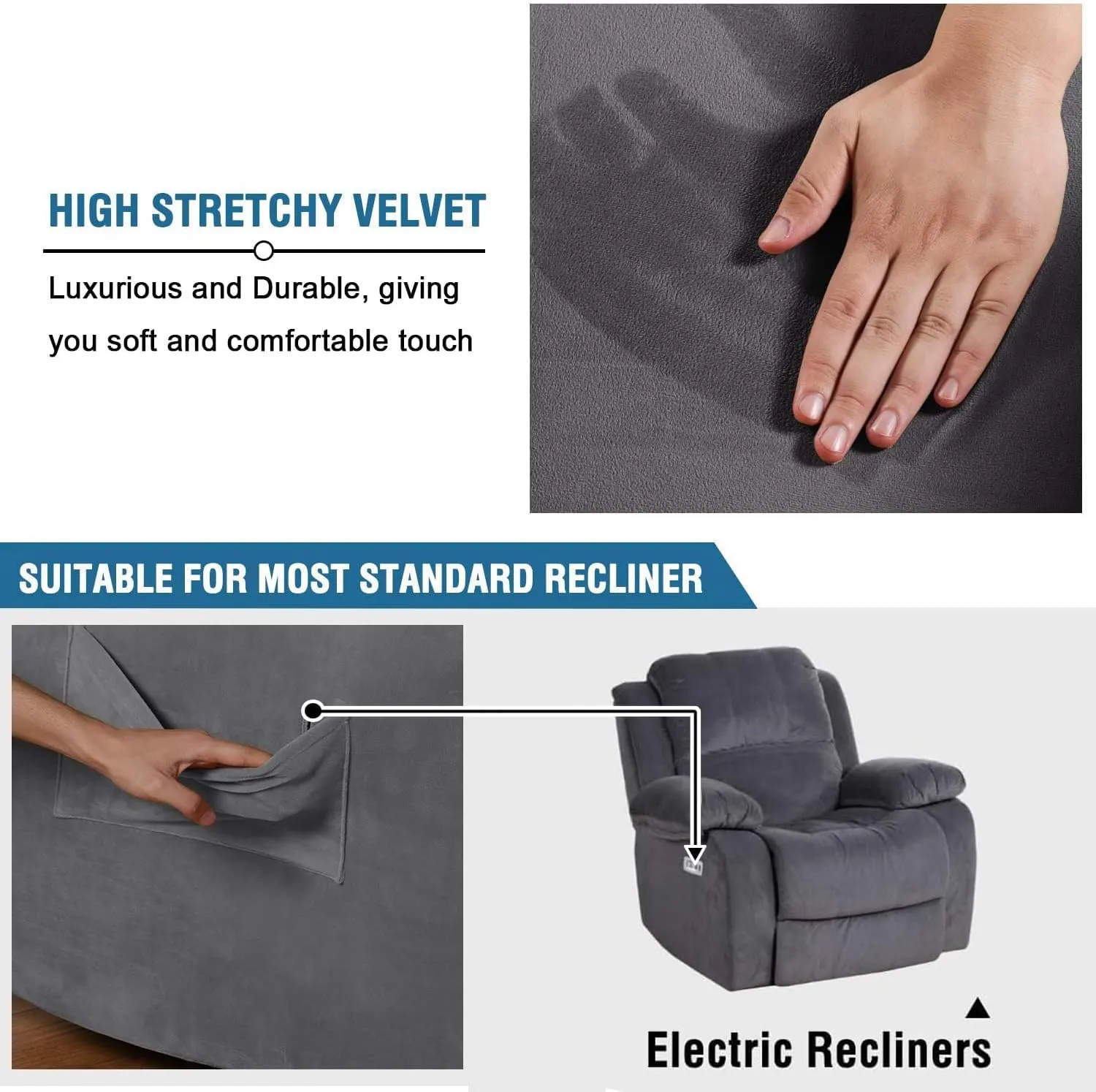 H.VERSAILTEX Velvet Plush Recliner Chair Covers 1-Piece for Reclining Chair, Recliner Cover Feature Thick Luxury and Soft Fabric with Elastic Bottom, Anti-Slip Foams Attached (Grey)
