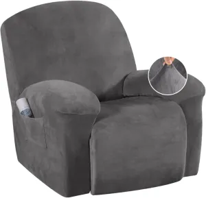 H.VERSAILTEX Velvet Plush Recliner Chair Covers 1-Piece for Reclining Chair, Recliner Cover Feature Thick Luxury and Soft Fabric with Elastic Bottom, Anti-Slip Foams Attached (Grey)