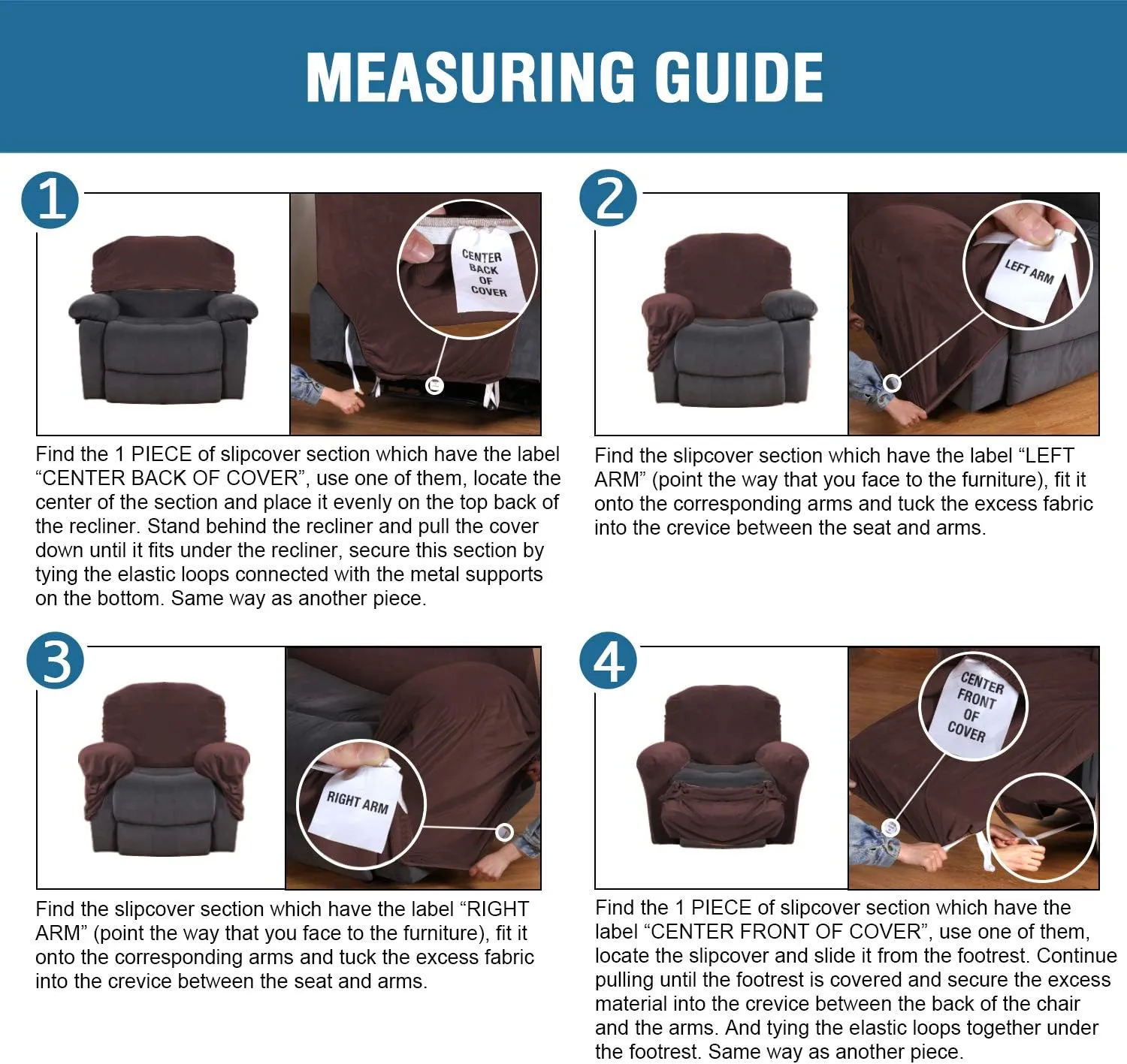 H.VERSAILTEX Velvet Stretch Recliner Couch Covers 4-Pieces Style Recliner Chair Covers Recliner Cover for Reclining Chair Slipcovers Feature Non Slip Form Fitted Thick Soft Washable, Brown