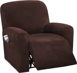 H.VERSAILTEX Velvet Stretch Recliner Couch Covers 4-Pieces Style Recliner Chair Covers Recliner Cover for Reclining Chair Slipcovers Feature Non Slip Form Fitted Thick Soft Washable, Brown
