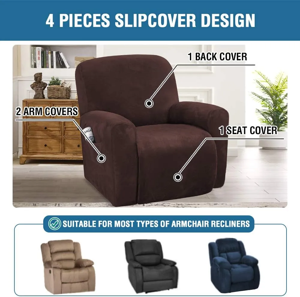 H.VERSAILTEX Velvet Stretch Recliner Couch Covers 4-Pieces Style Recliner Chair Covers Recliner Cover for Reclining Chair Slipcovers Feature Non Slip Form Fitted Thick Soft Washable, Brown
