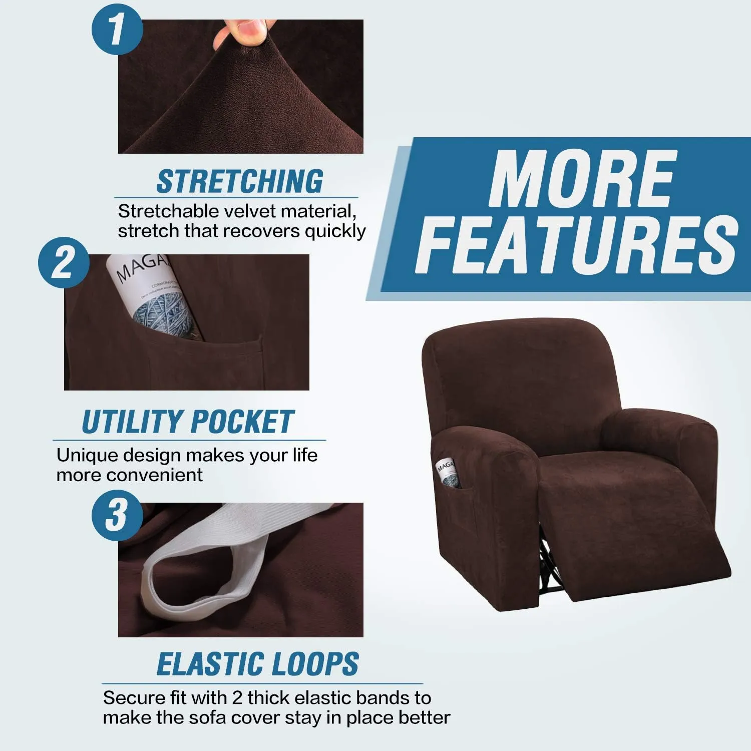 H.VERSAILTEX Velvet Stretch Recliner Couch Covers 4-Pieces Style Recliner Chair Covers Recliner Cover for Reclining Chair Slipcovers Feature Non Slip Form Fitted Thick Soft Washable, Brown