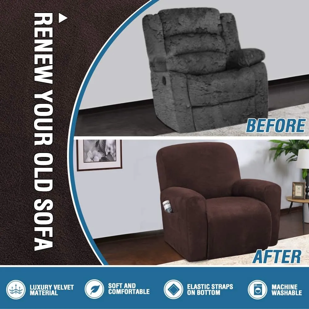 H.VERSAILTEX Velvet Stretch Recliner Couch Covers 4-Pieces Style Recliner Chair Covers Recliner Cover for Reclining Chair Slipcovers Feature Non Slip Form Fitted Thick Soft Washable, Brown