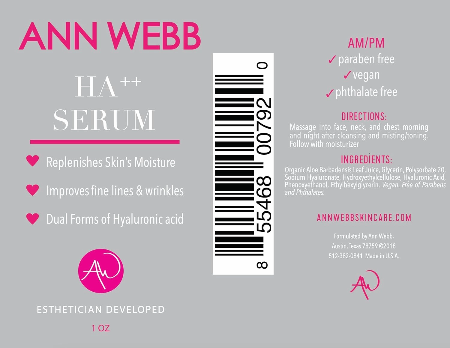 Hyaluronic Acid Serum - 100% All Natural Anti-Aging Hyaluronic Acid helps to Tighten, Brighten & Intensely Hydrates. Organic Aloe Soothes & Nourishes skin. Non-greasy formula. 2oz