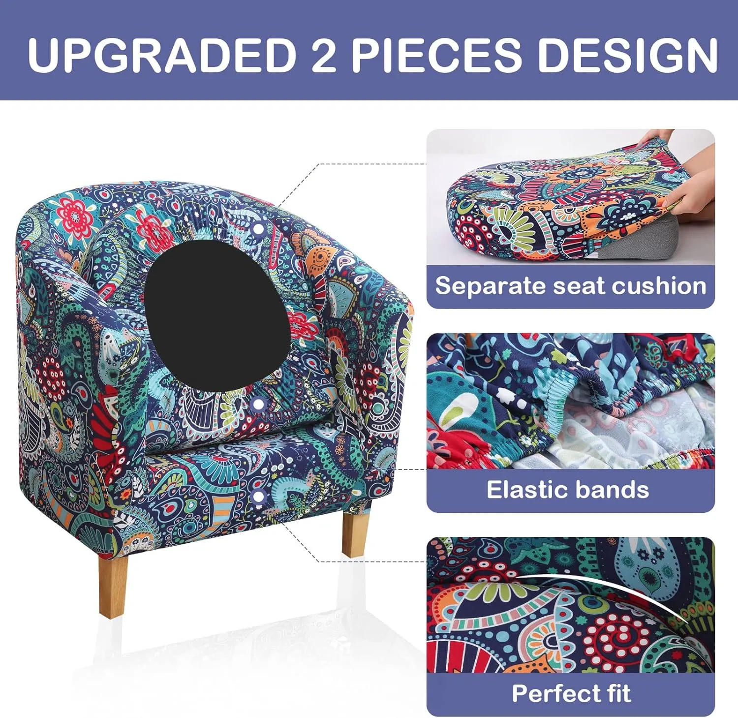 hyha 2 Pieces Printed Tub Chair Slipover with Cushion Cover, Removable Stretch Club Chair Cover for IKEA Tullsta, Armchair Cover Furniture Protector for Living Room,Blue Green