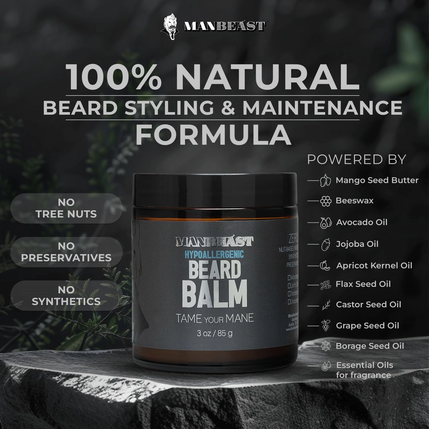 Hypoallergenic All Natural Beard Balm For Men - Unscented, Made from Seed-Based Oil, Nut-Free Gifts For Men Beard Products with Light Styling Hold, Mustache Balm, Mustache Care Products