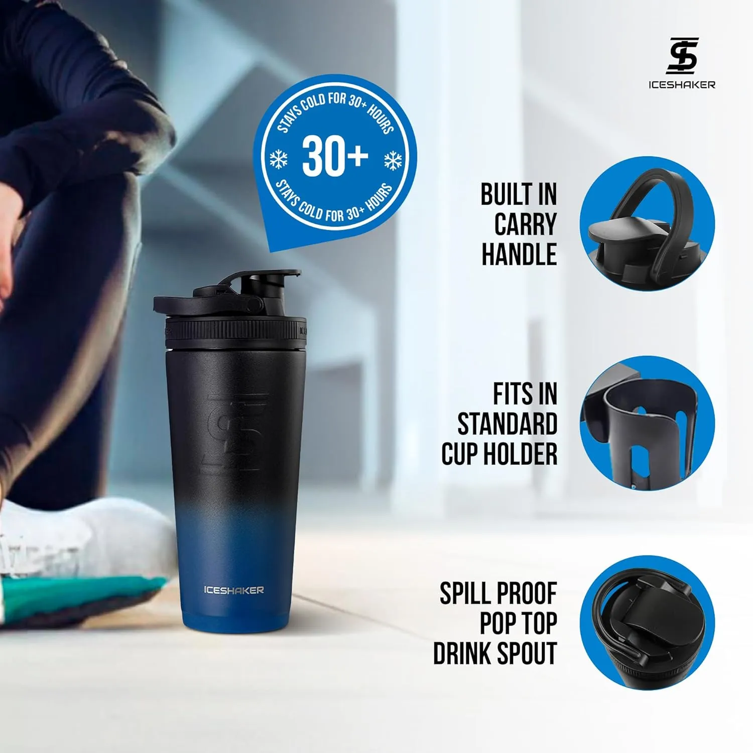 Ice Shaker Insulated Stainless Steel Shaker Bottle | 26oz, Navyblack | Cold for 30  Hours | Insulated Cup with Twist-on Agitator | Odor-Free Bottle for Protein Shakes, Water, Smoothies, Cocktails