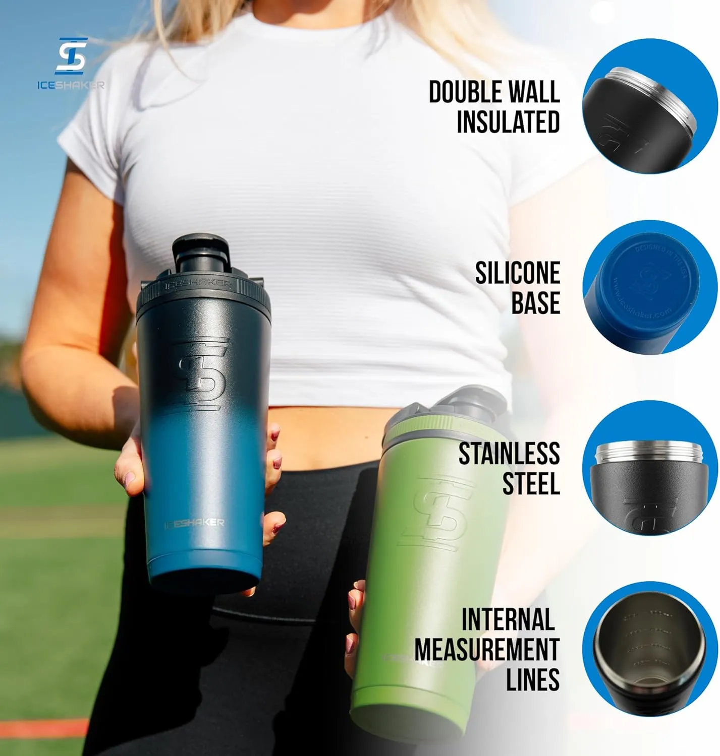 Ice Shaker Insulated Stainless Steel Shaker Bottle | 26oz, Navyblack | Cold for 30  Hours | Insulated Cup with Twist-on Agitator | Odor-Free Bottle for Protein Shakes, Water, Smoothies, Cocktails
