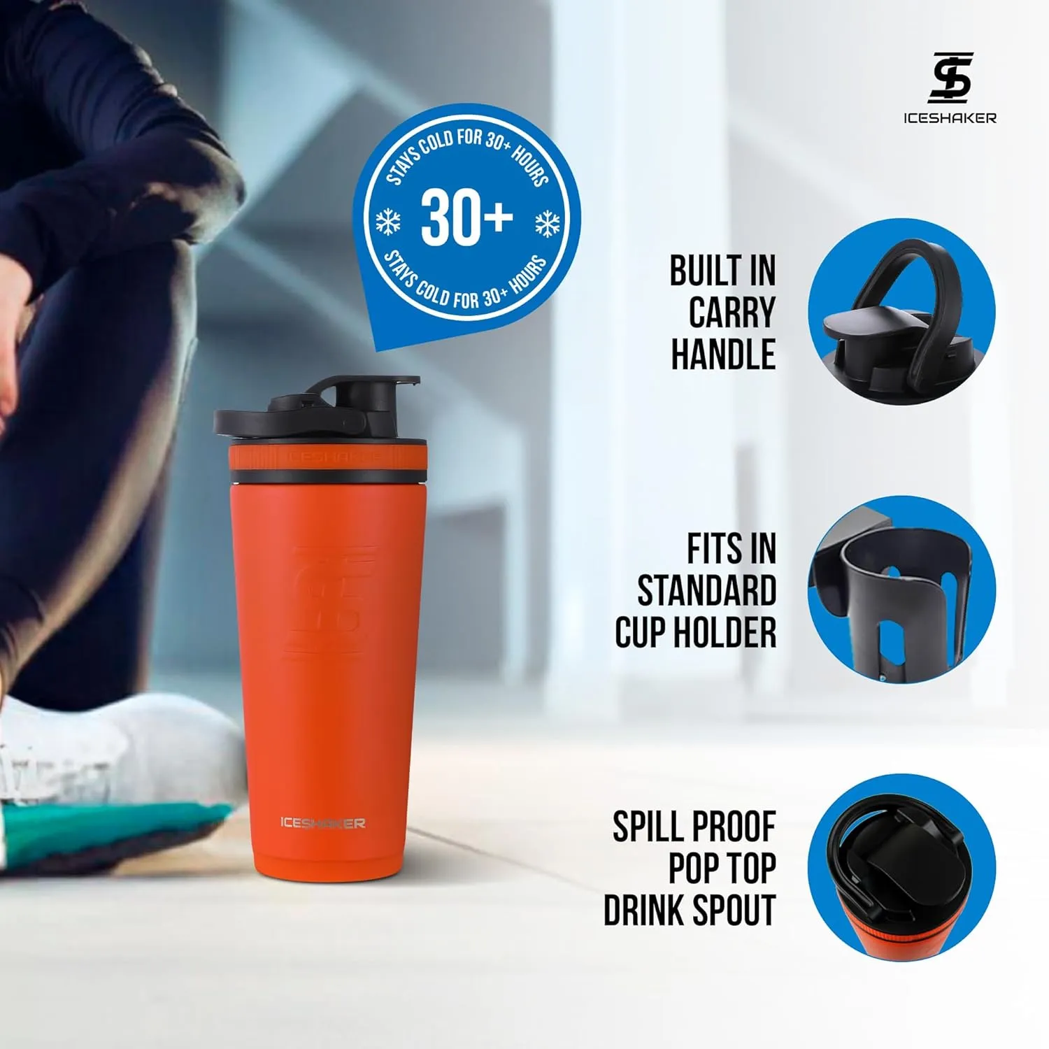 Ice Shaker Insulated Stainless Steel Shaker Bottle | 26oz, Orange | Cold for 30  Hours | Insulated Cup with Twist-on Agitator | Odor-Free Bottle for Protein Shakes, Water, Smoothies, Cocktails