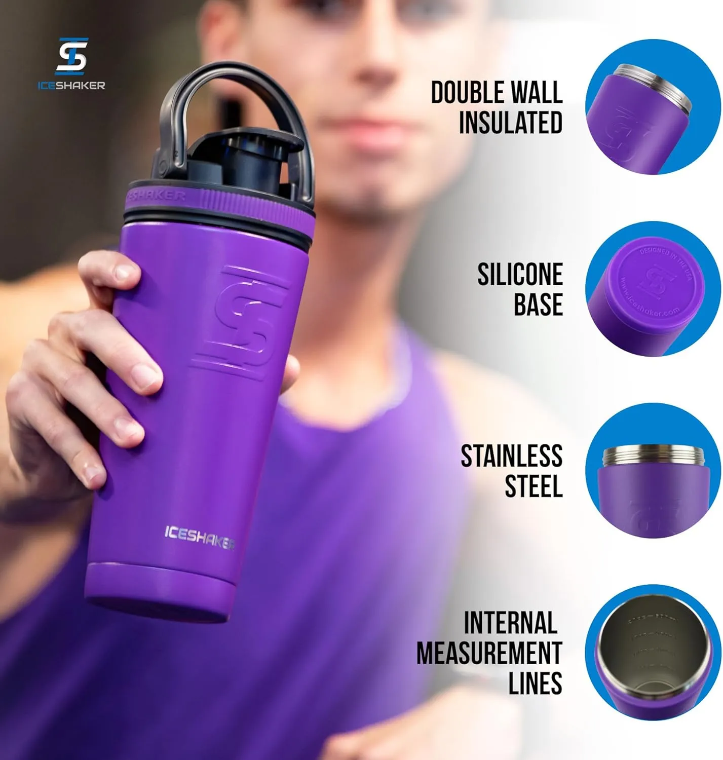 Ice Shaker Insulated Stainless Steel Shaker Bottle | 26oz, Purple | Cold for 30  Hours | Insulated Cup with Twist-on Agitator | Odor-Free Bottle for Protein Shakes, Water, Smoothies, Cocktails