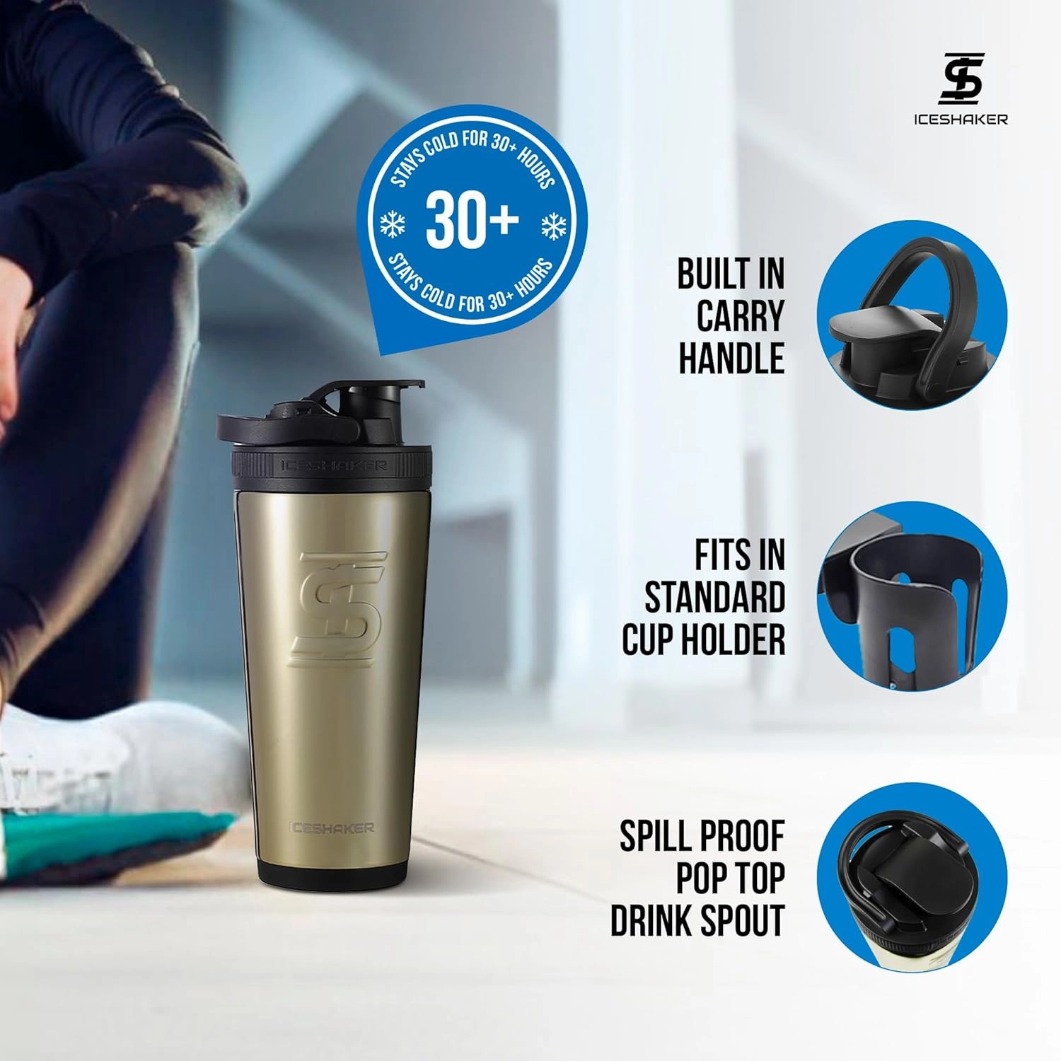 Ice Shaker Insulated Stainless Steel Shaker Bottle | 26oz, Gold | Cold for 30  Hours | Insulated Cup with Twist-on Agitator | Odor-Free Bottle for Protein Shakes, Water, Smoothies, Cocktails