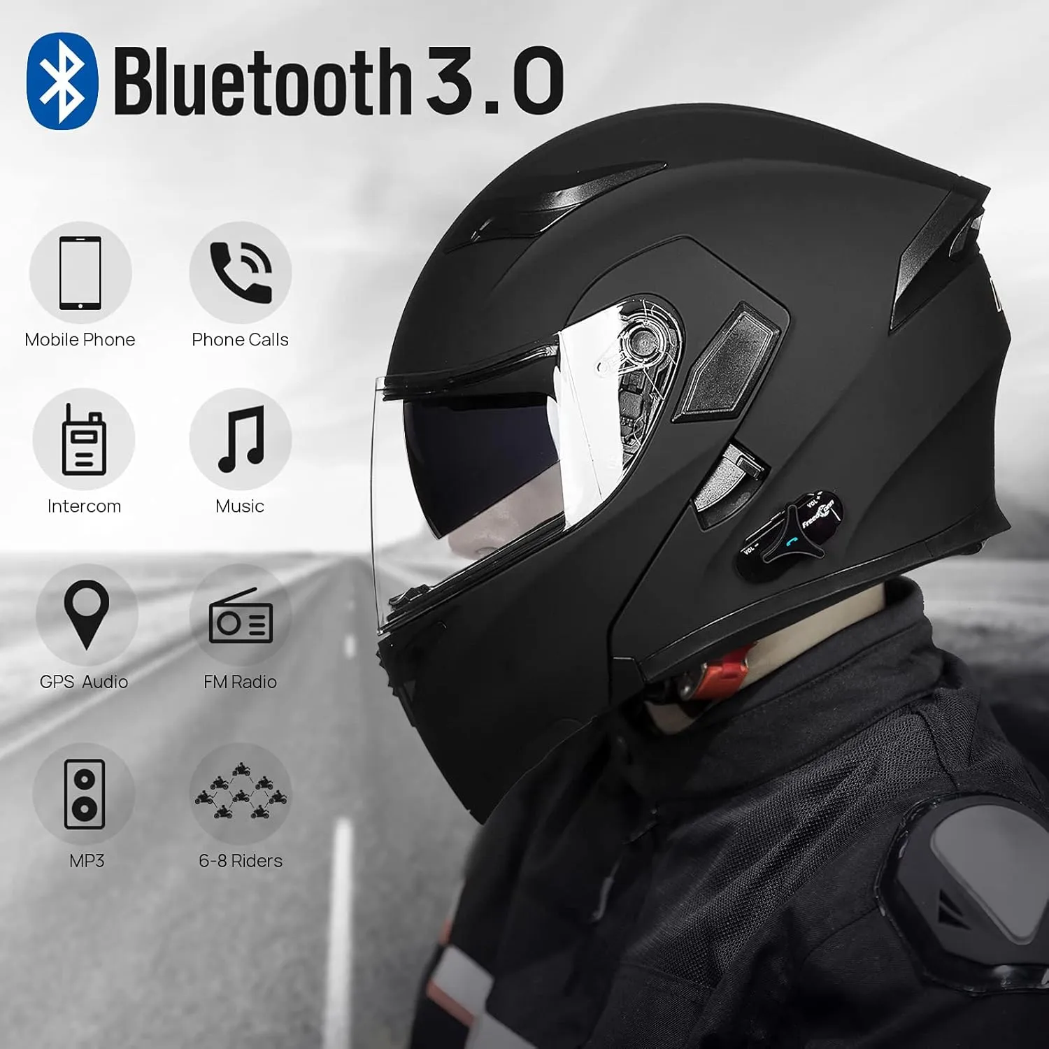 ILM Bluetooth Motorcycle Helmet Modular Flip up Full Face Dual Visor 6 Riders Group Intercom Mp3 FM Radio DOT Model 902BT PRO(Matte Black,Medium)