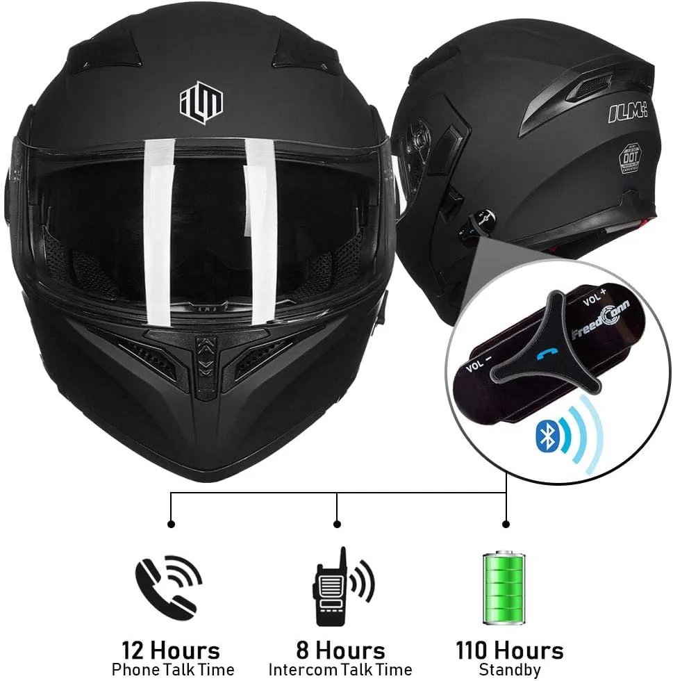 ILM Bluetooth Motorcycle Helmet Modular Flip up Full Face Dual Visor Mp3 Intercom FM Radio DOT Model 902BT(Matte Black, Large)