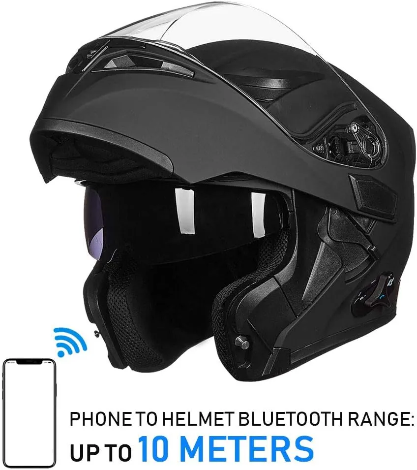 ILM Bluetooth Motorcycle Helmet Modular Flip up Full Face Dual Visor Mp3 Intercom FM Radio DOT Model 902BT(Matte Black, Large)