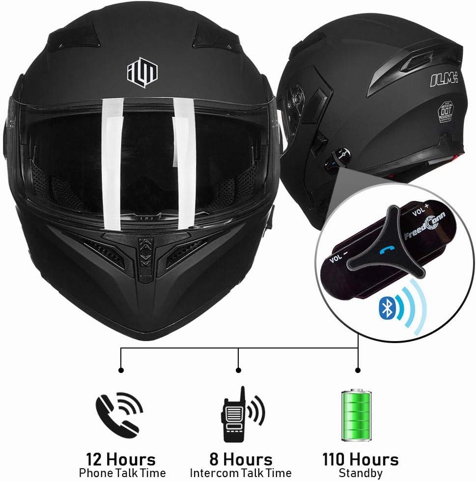 ILM Bluetooth Motorcycle Helmet Modular Flip up Full Face Dual Visor Mp3 Intercom FM Radio DOT Model 902BT(Matte Black, Large)