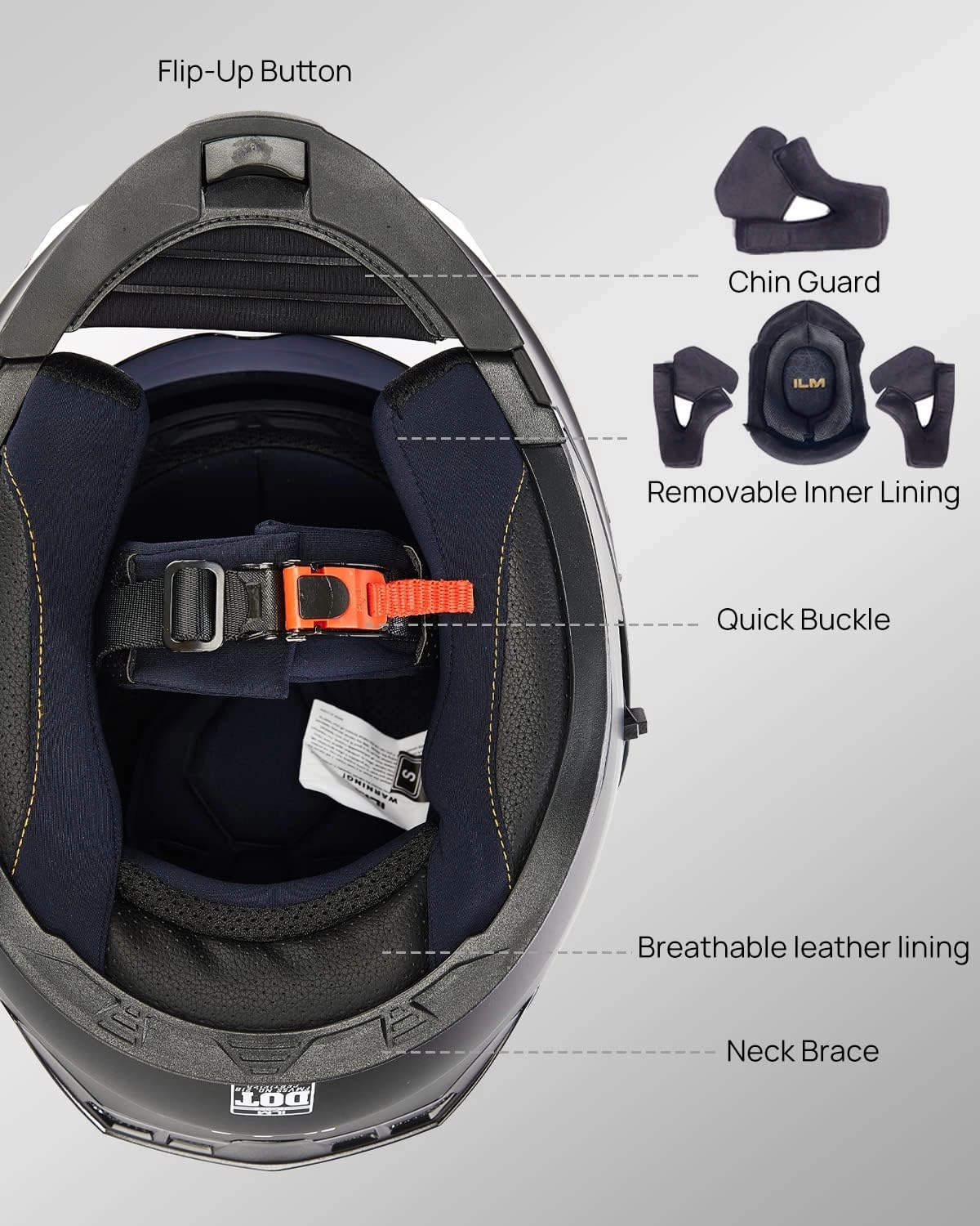 ILM Motorcycle Modular Full Face Helmet for Adult Flip up Dual Visor LED Tail Light Optional DOT